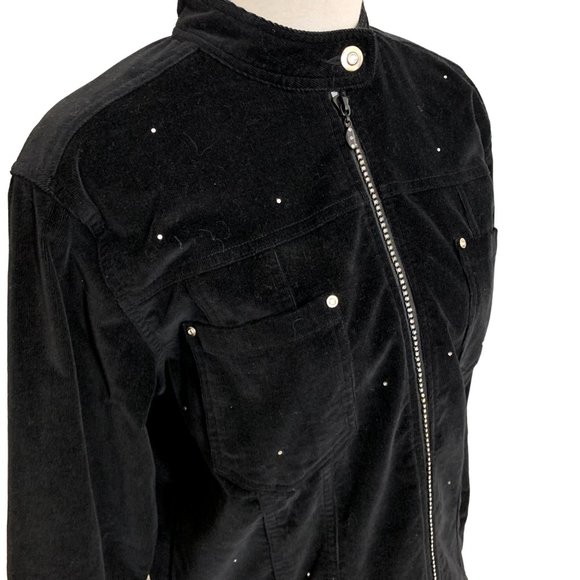 Quacker Factory Corduroy Rhinestone Jacket Size S Black Edgy Trucker Biker Sexy - Picture 11 of 12